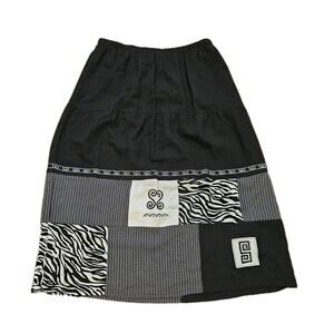 Vtg Black Geometric Midi Skirt Womens 16W Elastic Waist Artsy Grunge Boho Gothic